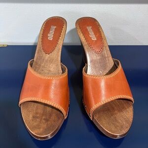 Bongo Wood Chunky Platform Mules 9 Brown Leather Studs Open Toe Vintage 70s 80s